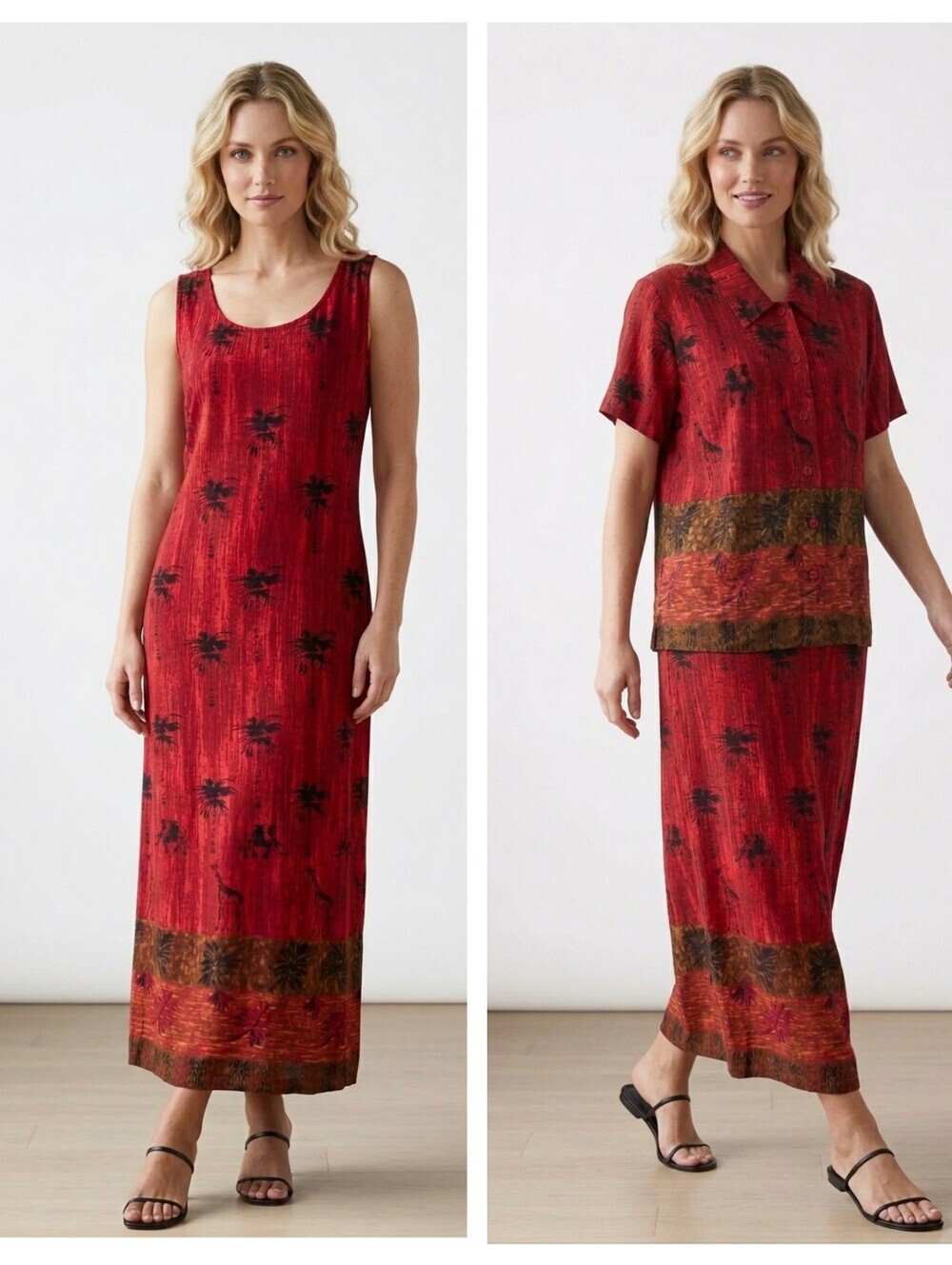 Vintage Red Tropical Palm Maxi Dress & Matching Button Up Set Size 12